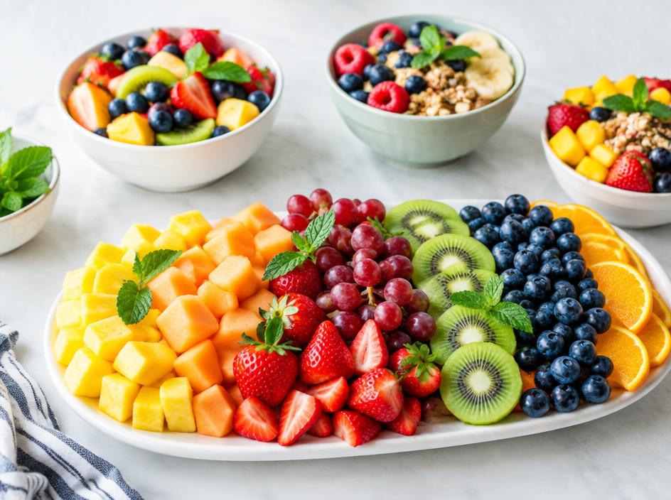 Kleurrijke fruitschalen en gesneden fruit voor op kantoor