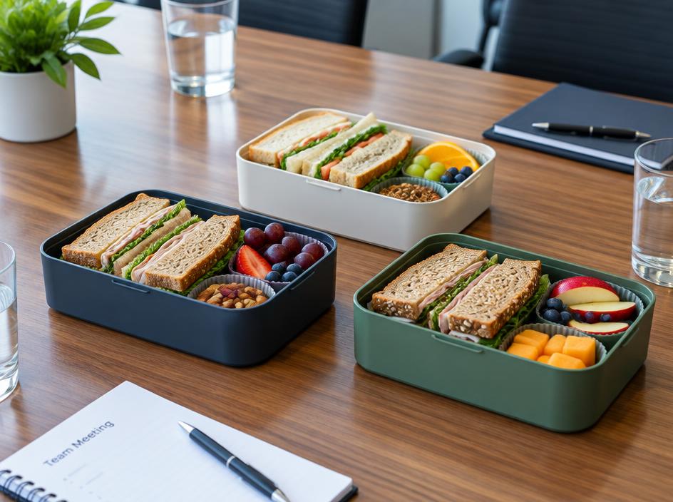 Drie zakelijke lunchpakketten op een vergadertafel